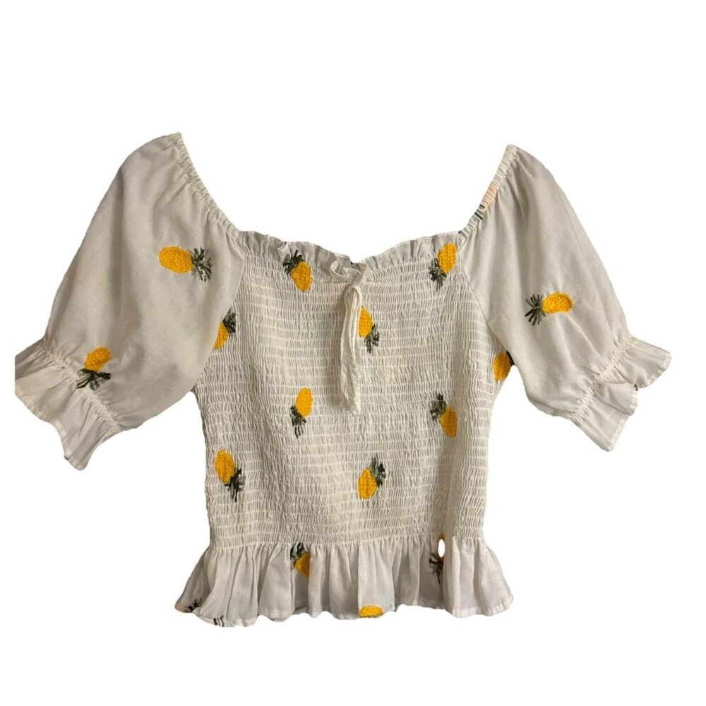 Joanne’s Top M Women's Blouse Short Sleeve Yellow Pineapples Ruffle Peasant